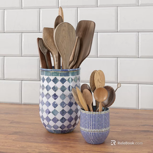 Wooden Kitchen Utensils In Blue White Checkered Ceramic Containers On Countertop With White Tile Backsplash 3d model 
