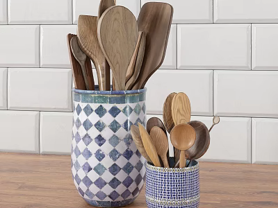 Wooden Kitchen Utensils In Blue White Checkered Ceramic Containers On Countertop With White Tile Backsplash 3d model