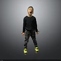 Child In Black Sweater Camouflage Pants Yellow Shoes Open Mouth Outstretched Hands Gray Background