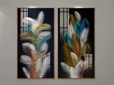 Colorful Feather Decorative Paintings With Wooden Frames And Window Pane Design 3d model