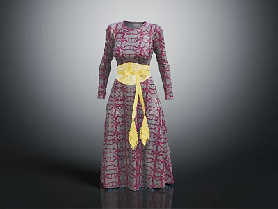 Purple Patterned Long Sleeve Dress With Yellow Belt And Tassels 3d model