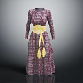 Purple Patterned Long Sleeve Dress With Yellow Belt And Tassels