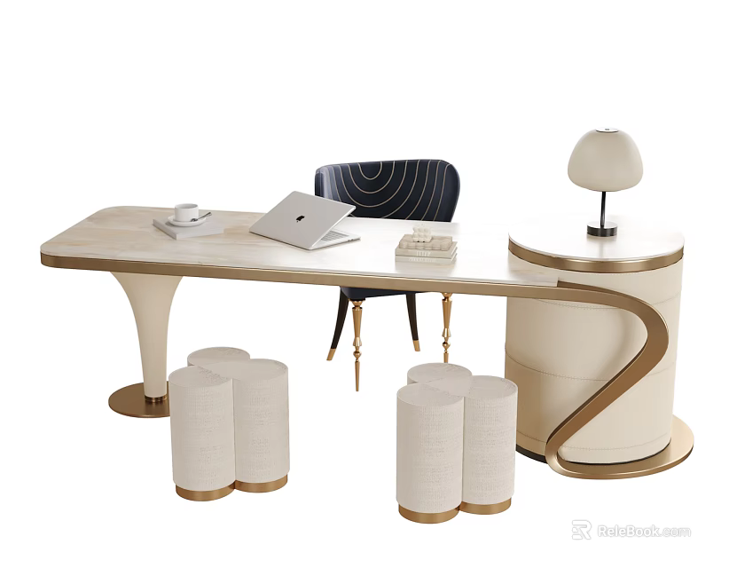 Modern Light Colored Desk with Golden Frame Black Chair Laptop and White Stools 3d model 
