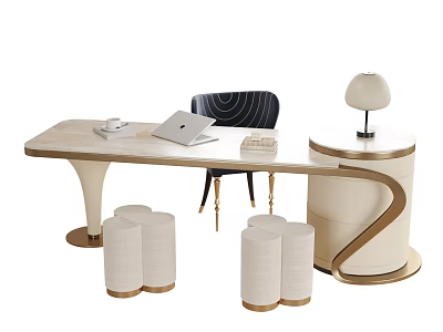 Modern Light Colored Desk with Golden Frame Black Chair Laptop and White Stools 3d model