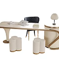 Modern Light Colored Desk with Golden Frame Black Chair Laptop and White Stools