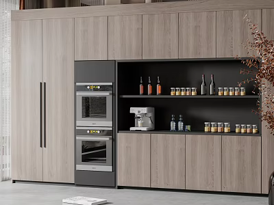 Modern Kitchen Light Wood Cabinets With Built In Ovens Open Shelves And Storage Jars 3d model