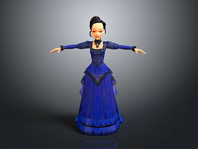 Child in Elegant Blue Princess Dress with Black Hair Necklace and Outstretched Arms 3d model