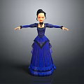 Child in Elegant Blue Princess Dress with Black Hair Necklace and Outstretched Arms
