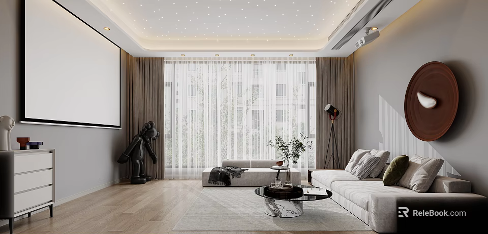 Modern Entertainment Room With Projection Screen Sofa Coffee Table Curtains And Floor To Ceiling Windows 3d model 