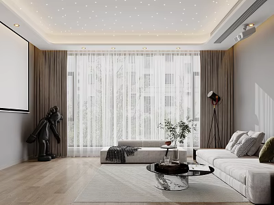 Modern Entertainment Room With Projection Screen Sofa Coffee Table Curtains And Floor To Ceiling Windows 3d model