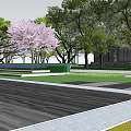 Serene Garden Landscape with Purple Flowers Trees Outdoor Seating and Wooden Flooring