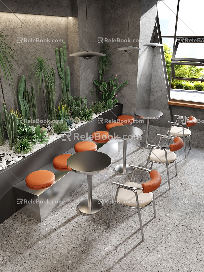 Industrial Style Dining Space Cafe Stainless Steel Card Seat Sofa Table and Chair Combination Interval Green Plant Indoor Green Plant Milk Tea Shop Card Seat Table and Chair Combination 3d model