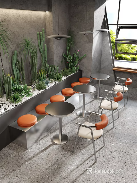 Modern Café Interior Design With Green Plants Orange Seats And Metal Tables 3d model 