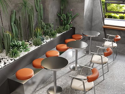 Modern Café Interior Design With Green Plants Orange Seats And Metal Tables 3d model