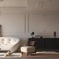 Elegant Modern Living and Dining Room Interior With Fireplace Chandelier Sofa TV Artwork and Rug