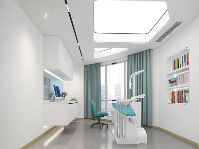 Modern Dental Clinic Interior With Dental Chair Blue Curtains Bookshelf And Computer 3d model