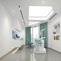 Modern Dental Clinic Interior With Dental Chair Blue Curtains Bookshelf And Computer