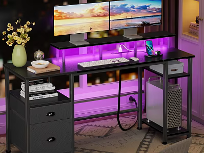 Modern Computer Desk with Dual Monitors Purple Lighting Yellow Flowers Drawers and Computer Tower 3d model