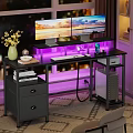 Modern Computer Desk with Dual Monitors Purple Lighting Yellow Flowers Drawers and Computer Tower