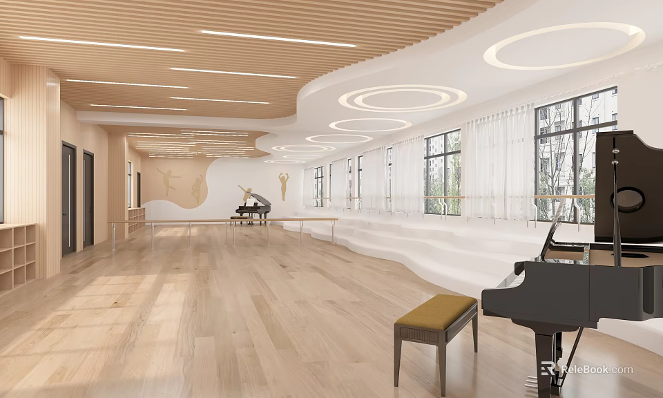 Spacious Fitness Studio With Wooden Floor Natural Light And Dance Practice Space 3d model 
