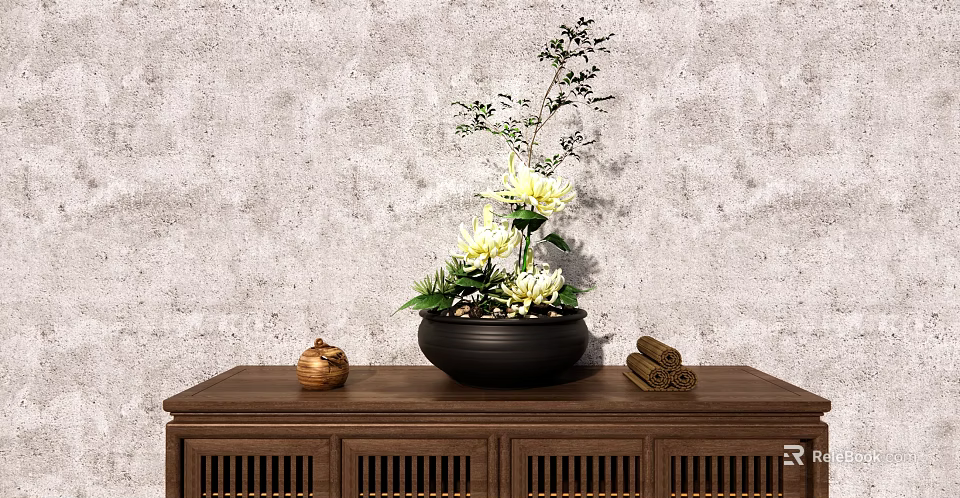 Elegant Bonsai Potted Plant With Yellow Flowers Green Leaves on Wooden Cabinet Against Concrete Wall 3d model 