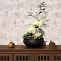 Elegant Bonsai Potted Plant With Yellow Flowers Green Leaves on Wooden Cabinet Against Concrete Wall
