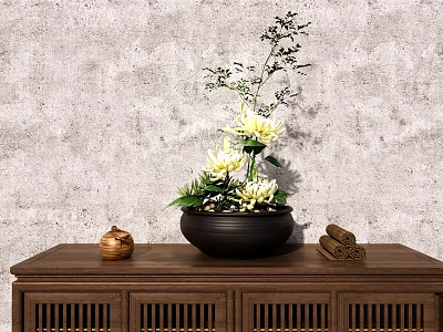 Elegant Bonsai Potted Plant With Yellow Flowers Green Leaves on Wooden Cabinet Against Concrete Wall 3d model