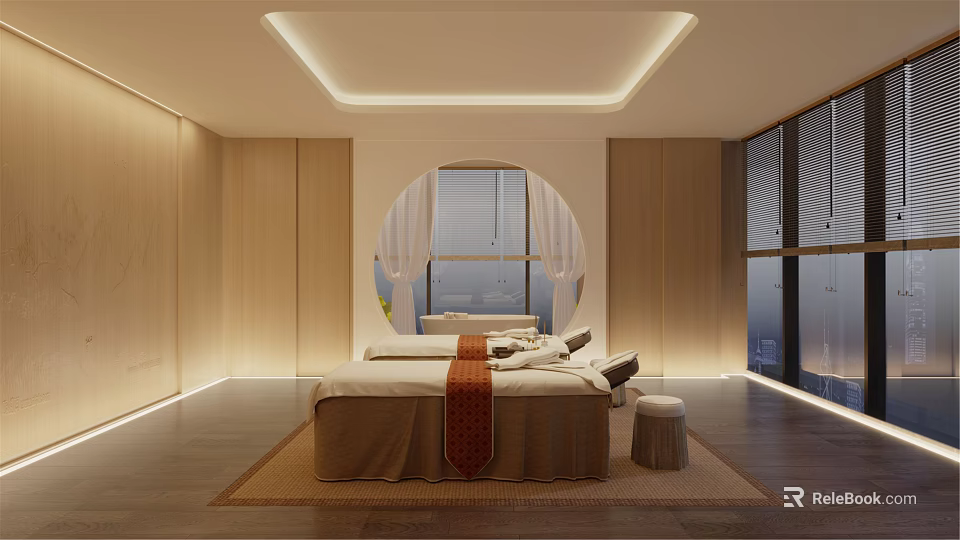SPA Sauna Relaxing Room With Massage Bed Wooden Walls Circular Window And Warm Ambient Lighting 3d model 