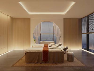 SPA Sauna Relaxing Room With Massage Bed Wooden Walls Circular Window And Warm Ambient Lighting 3d model