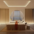 SPA Sauna Relaxing Room With Massage Bed Wooden Walls Circular Window And Warm Ambient Lighting