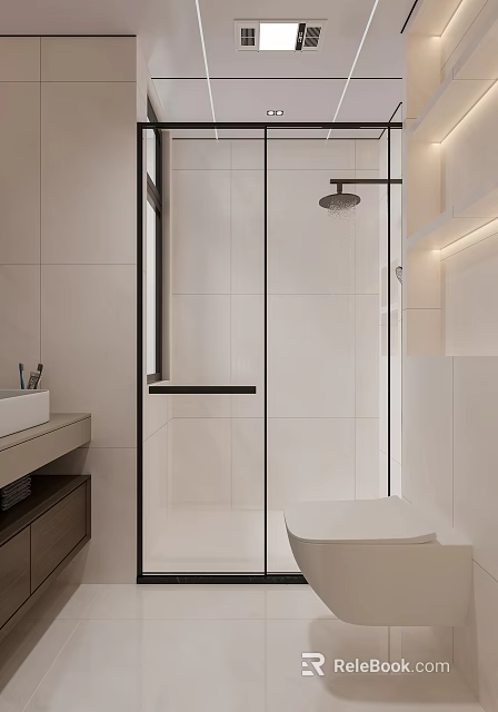 Modern Bathroom Interior With White Tiles Glass Shower Enclosure Toilet And Vanity Sink 3d model 