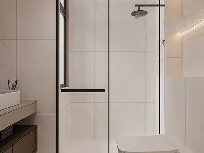 Modern Bathroom Interior With White Tiles Glass Shower Enclosure Toilet And Vanity Sink 3d model