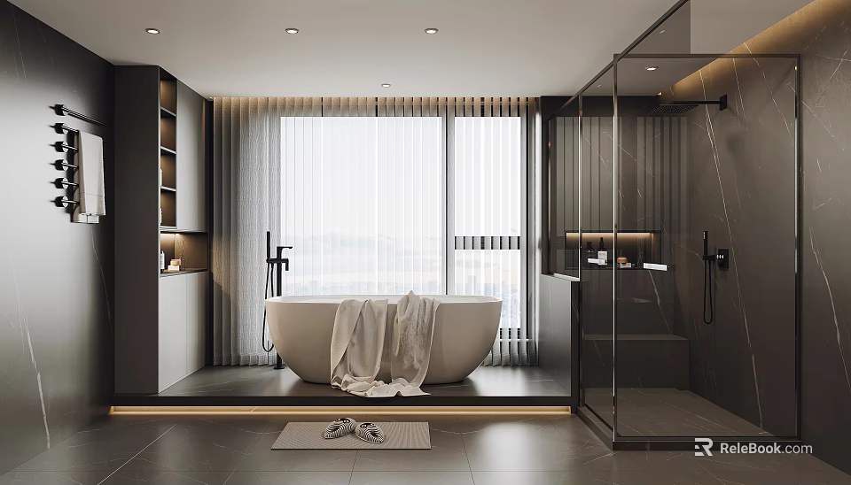 Modern Bathroom Interior With Freestanding Bathtub Towel Large Window Blinds And Glass Shower 3d model 