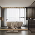 Modern Bathroom Interior With Freestanding Bathtub Towel Large Window Blinds And Glass Shower