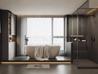 Modern Bathroom Interior With Freestanding Bathtub Towel Large Window Blinds And Glass Shower 3d model