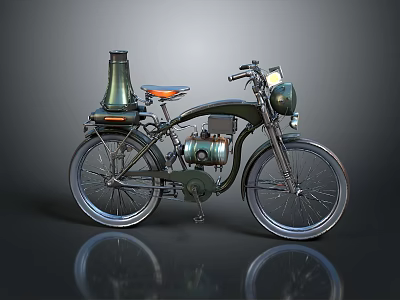 Vintage Dark Green Motorcycle With Orange Seat Headlight Spoked Wheels And Brass Accent 3d model