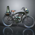 Vintage Dark Green Motorcycle With Orange Seat Headlight Spoked Wheels And Brass Accent