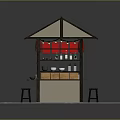 Traditional Japanese Street Stall Design With Black Roof Red Lanterns Counter And Stools