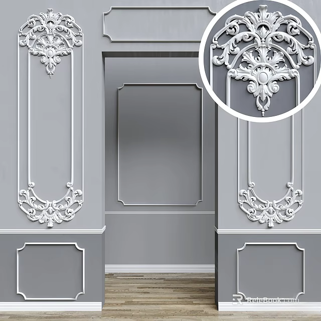 Elegant White Decorative Carvings On Gray Door And Wall Panel Design 3d model 