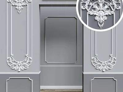 Elegant White Decorative Carvings On Gray Door And Wall Panel Design 3d model