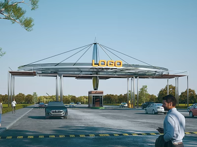 Modern Entrance Gate With Canopy Structure LOGO And Surrounding Vehicles Pedestrians 3d model