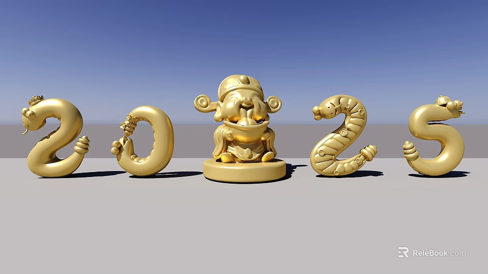 Golden 2025 Number Sculptures With Intricate Monkey Figure Carving Design 3d model 