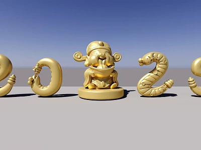 Golden 2025 Number Sculptures With Intricate Monkey Figure Carving Design 3d model
