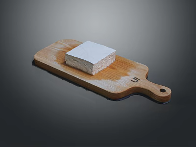 Fresh Square White Tofu Block Placed On Wooden Cutting Board Surface 3d model