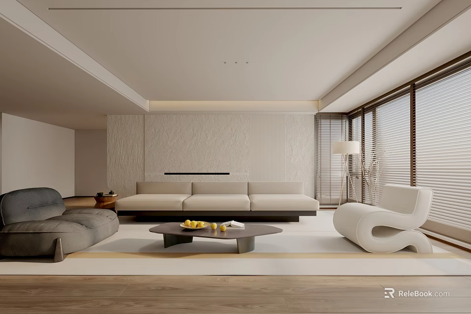 Modern Living Room Interior With Neutral Sofa Coffee Table And Large Windows 3d model