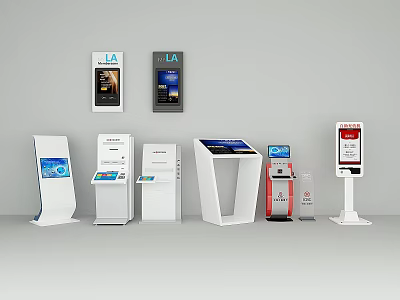 Public Facilities Featuring Modern Self Service Kiosks And Information Display Screens With Various Designs 3d model