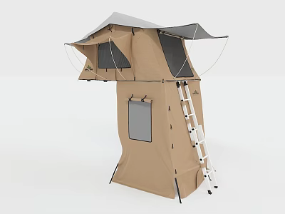 Elevated Brown Camping Tent with Ladder Awning and Mesh Windows Design 3d model