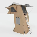 Elevated Brown Camping Tent with Ladder Awning and Mesh Windows Design 3d model