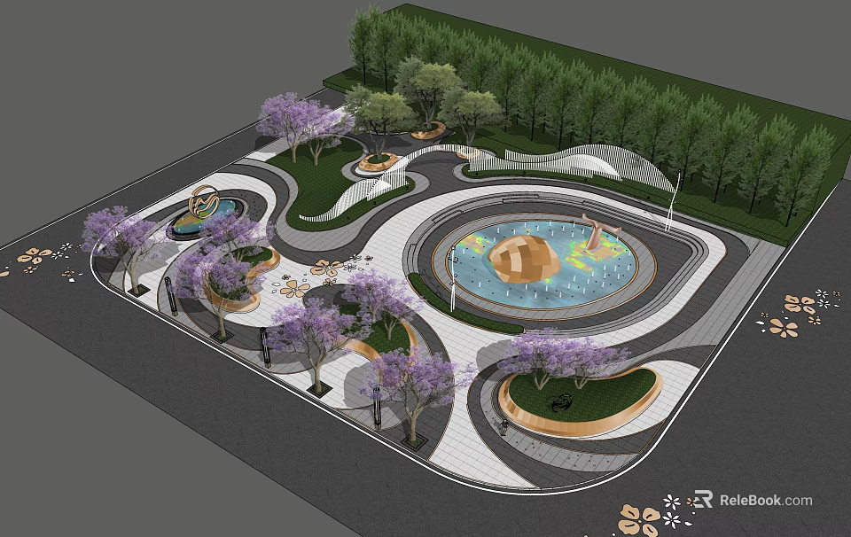 Modern Urban Park Recreational Landscape With Circular Pool Purple Flowering Trees Green Lawn And Walkways 3d model 