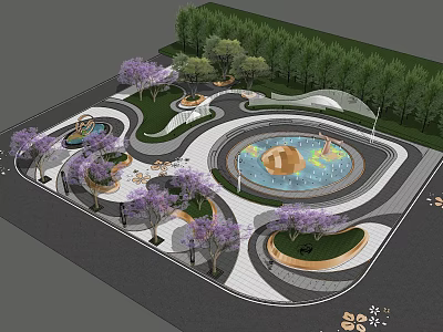 Modern Urban Park Recreational Landscape With Circular Pool Purple Flowering Trees Green Lawn And Walkways 3d model